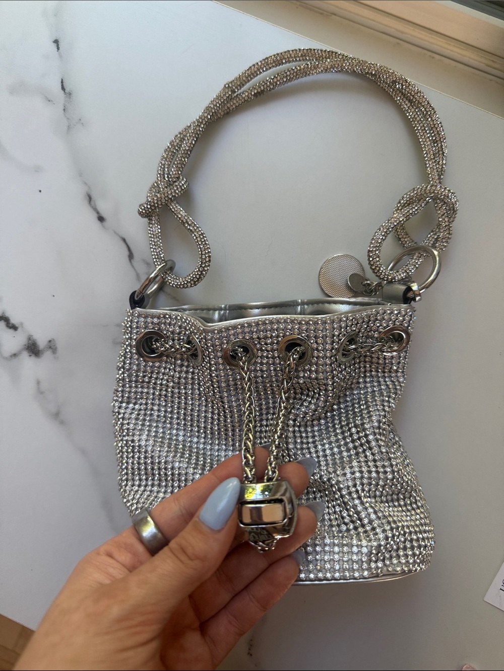 Aldo Silver Crystal Mesh Drawstring Mini Bucket Bag - Picture 2 of 4